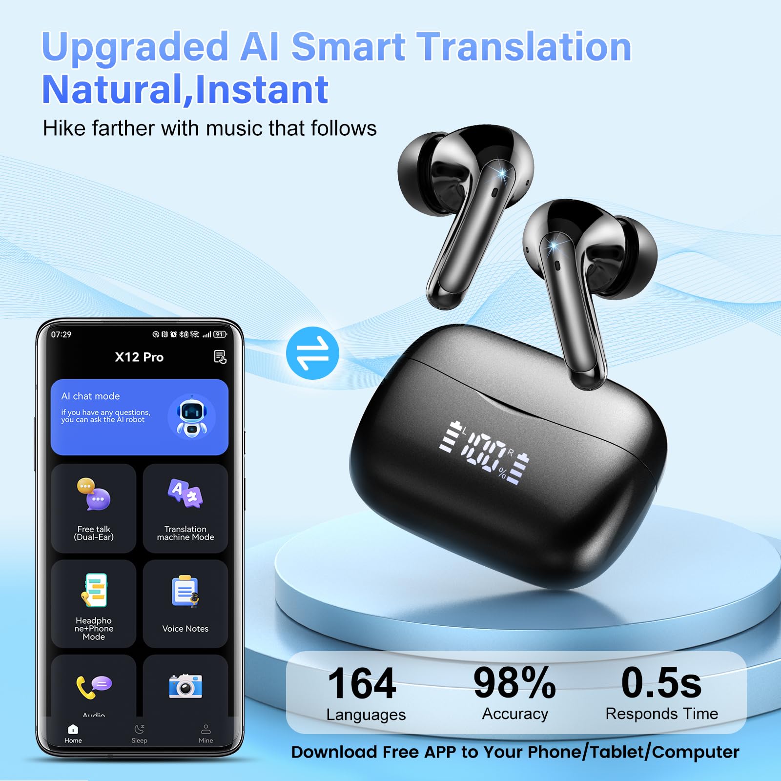 KI Übersetzer Kopfhörer Bluetooth 5.4 164 Sprachen Echtzeit 7 Modi ENC Rauschunterdrückung 56H Laufzeit Schwarz
