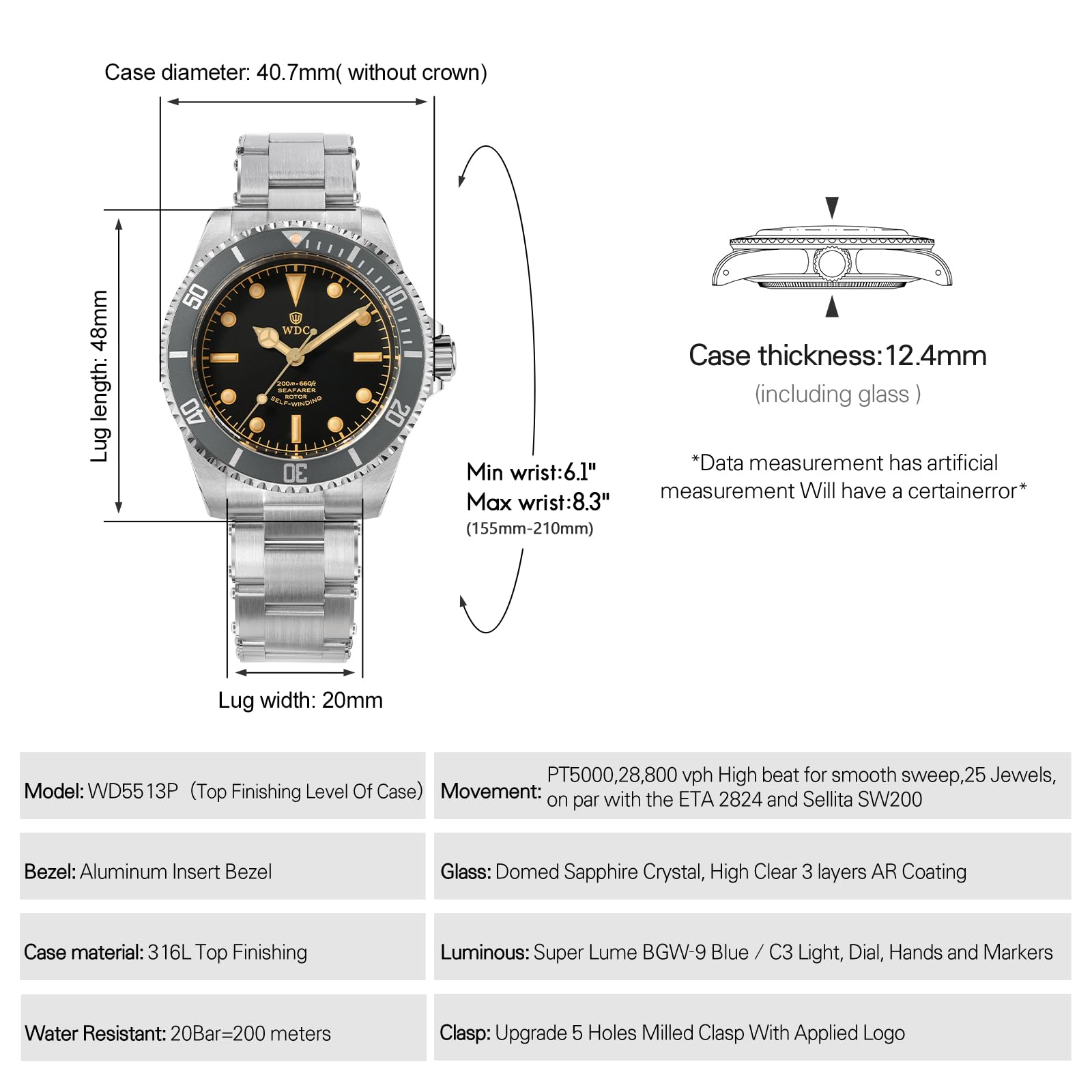 watchdives WD5513P - Orologio subacqueo da uomo, stile vintage, PT5000 PT5004, meccanico, automatico, di lusso, in vetro zaffiro bombato, 40,7 mm, impermeabile fino a 20 bar