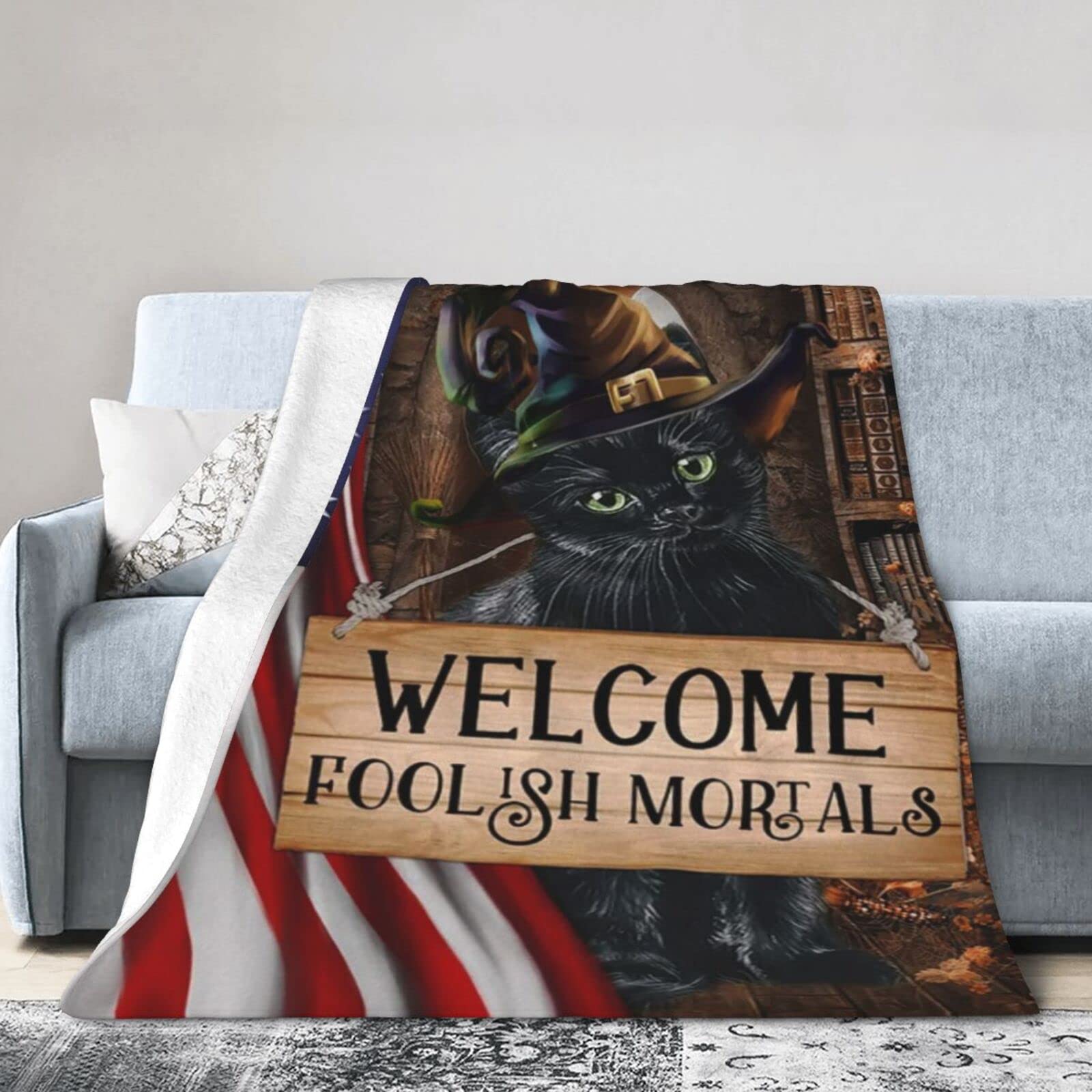 Lsjuee Christmas Flannel Fleece Blanket 80"X60" Black Cat Welcome Foolish Mortals Bed Throw Blanket Funny Ultra-Soft Travel Winter Blankets for Mens Keep Warm