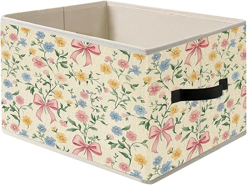 Cesta de almacenamiento con arco rosa y flores, cesta plegable con asas, organizador floral botánico rústico y colorido, caja de juguetes