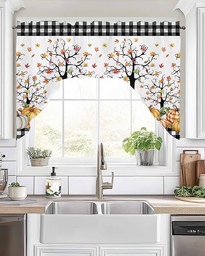 Miniatura 12 de Juego de cortinas de cocina de Acción de Gracias, cenefa y niveles de 24 pulgadas de largo, hojas a cuadros negros y blancos de otoño, cortinas