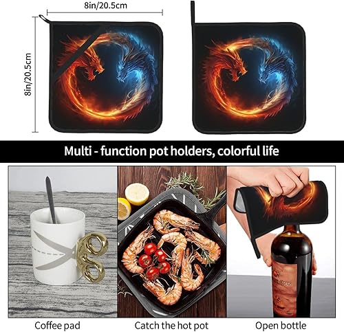 Miniatura 2 de Paquete de 2 soportes para ollas para cocina, resistentes al calor, con bolsillo, agarraderas para horno, dragones de fuego y hielo, almohadillas