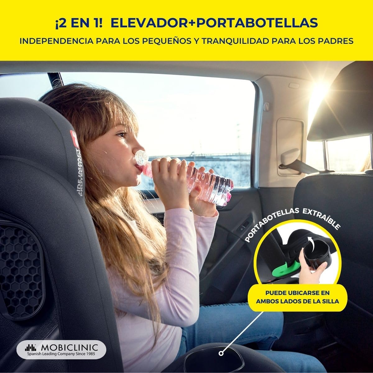 Mobiclinic® kids, Silla de coche, I-size, Isofix, Grupo 2/3, 36kg, 4-12 años, Evolutiva, 100-150cm, Protección lateral, Reposacabezas regulable, Reclinable 3 posiciones, Portabotellas