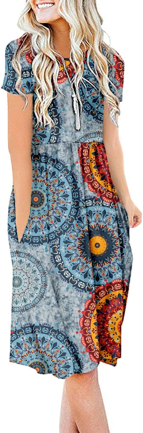 Women Summer Casual Short Sleeve Dresses Empire Waist Dress with Pockets