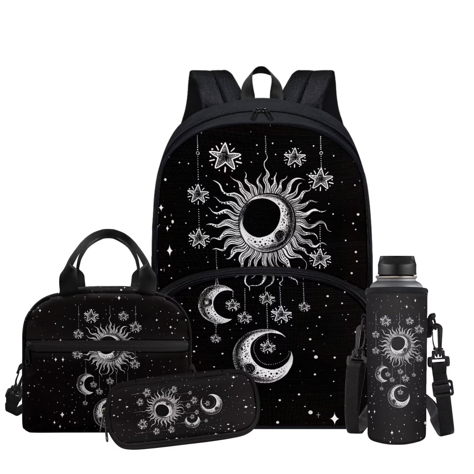 ELEDIZI Goth Sun Moon Stars Backpack for Girls Kids Backpack with Lunch Box Water Bottle Bag and Soft Pencil Case 4Pcs Set 17" Bookbag with Large