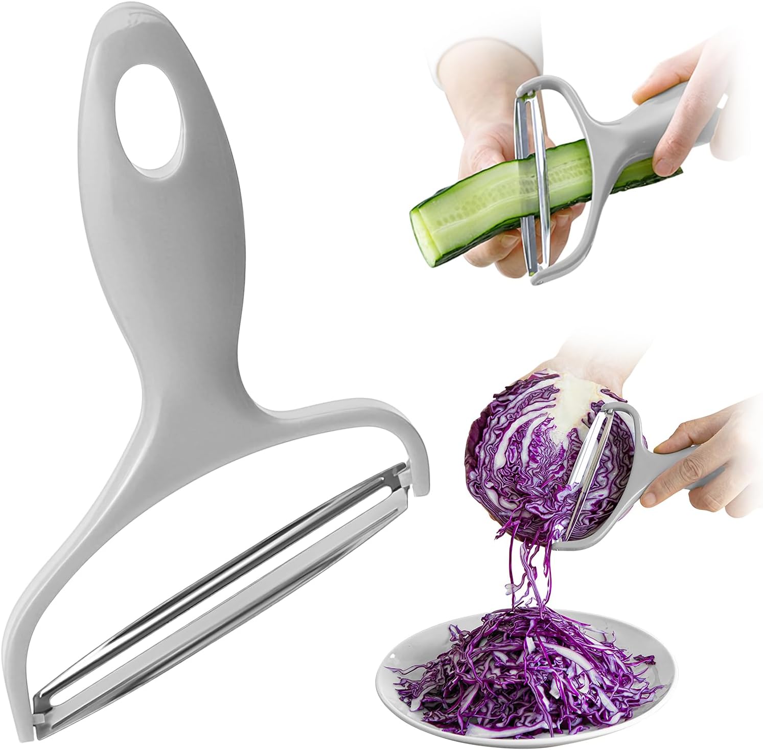 2 Piece Kitchen Cabbage Shredder with 10cm Steel Blade，Manual Cabbage Slicer Peeler for Coleslaw (Gray)