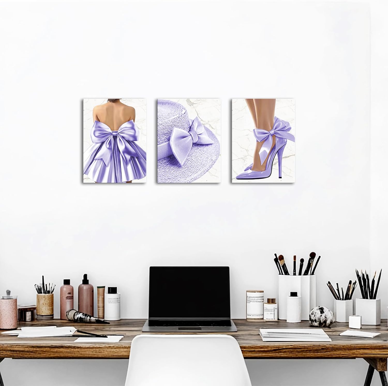 Visual Art Decor Bow Wall Art Bow Painting Picture Girls Bedroom Wall Decor Framed Ready to Hang 12x16inchx3Pieces (Purple)
