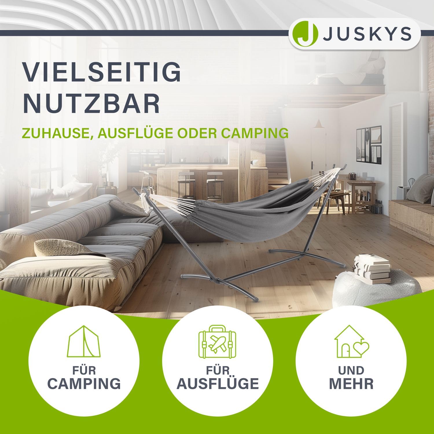 Juskys Paya hamak ze stelażem, podwójny hamak dla 2 osób, obciążenie do 200 kg, do użytku wewnątrz i na zewnątrz, podwójna leżanka wisząca, antracyt