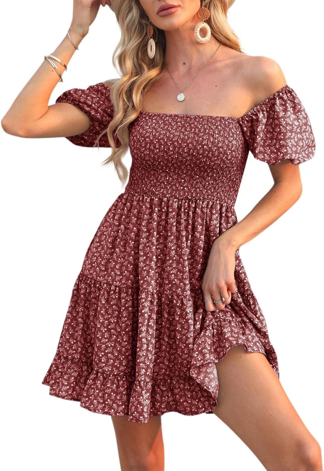 Veatzaer Women's Puff Sleeve Square Neck Smocked Babydoll Dress Boho Floral Print Off Shoulder Ruffle Mini Short Dress - Image 2