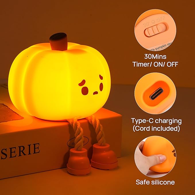 Ultroian Cute Silicone Pumpkin Night Light, Rechargeable Dimmable Nursery Nightlight, Bedside Touch Lamp for Breastfeeding, Pumpkin Decor for Fall Decorations photo 3