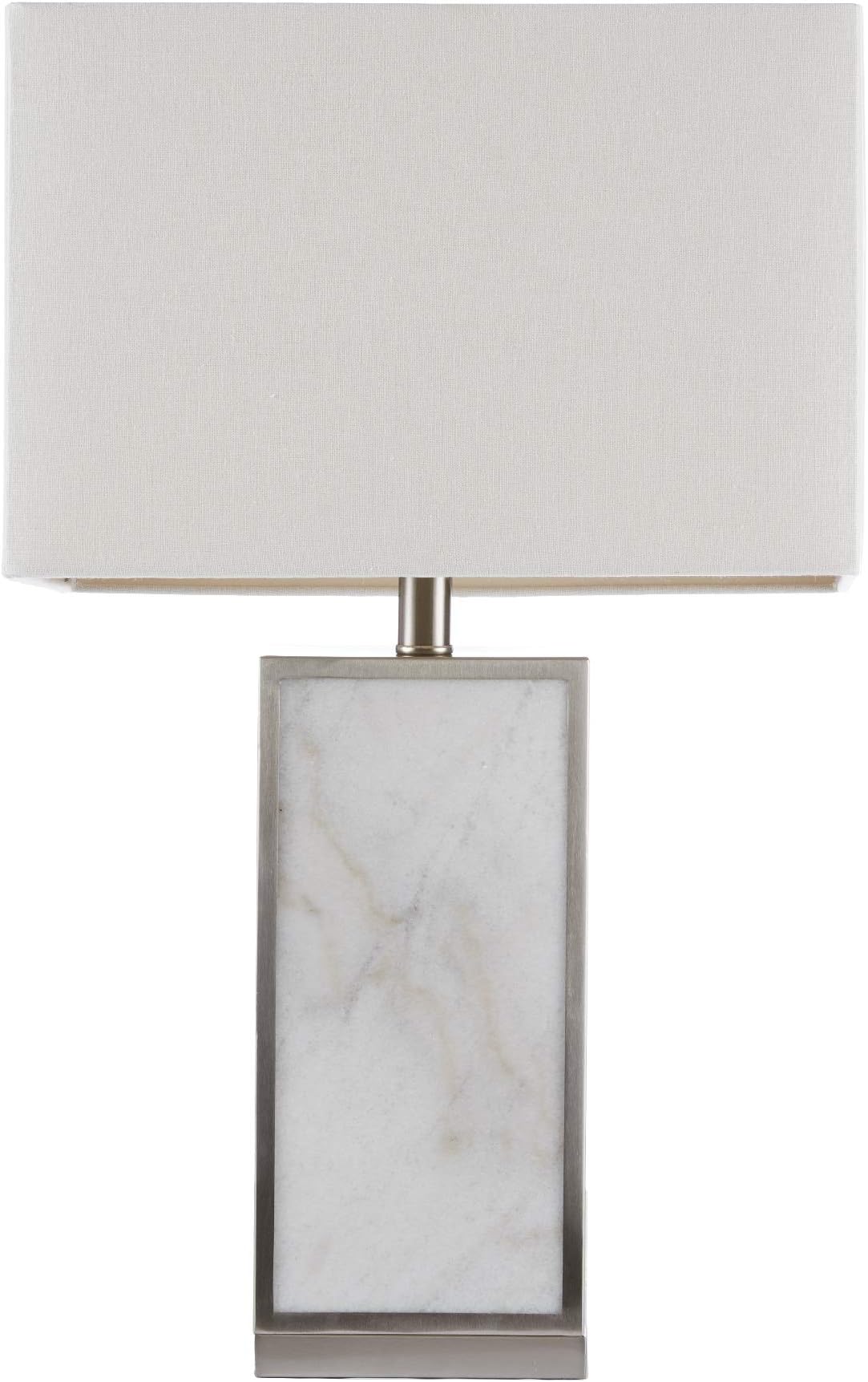 Hampton Hill Walden Desk Lamp, Bedside Nightstand Bedroom Light Modern Luxe Design, Marble Base with Silver Accent, Square Fabric Shade, 25" Tall, White/Silver 1 Table Lamp
