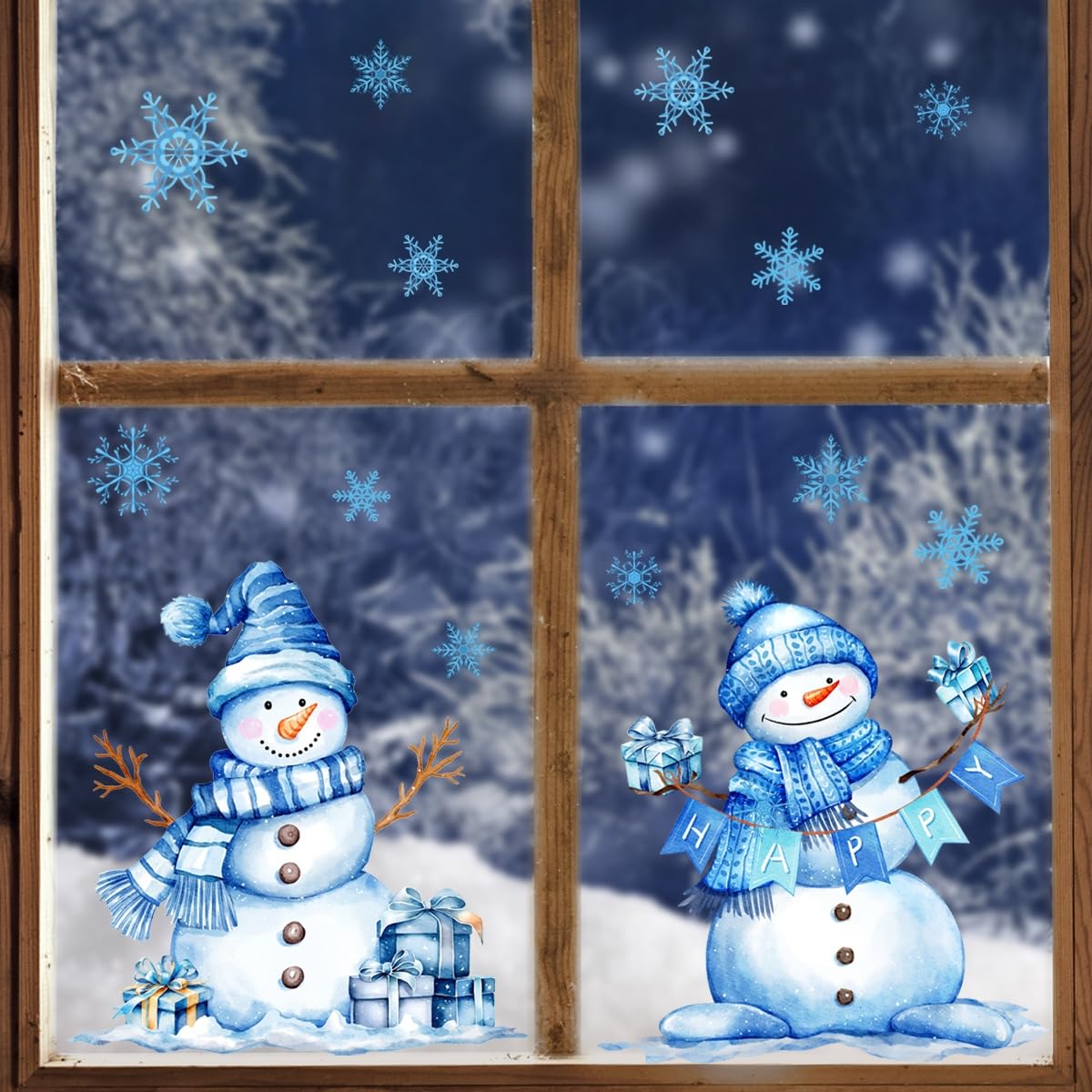 Stickers fenêtre Noël bleu blanc grand format motif hivernal 27x29