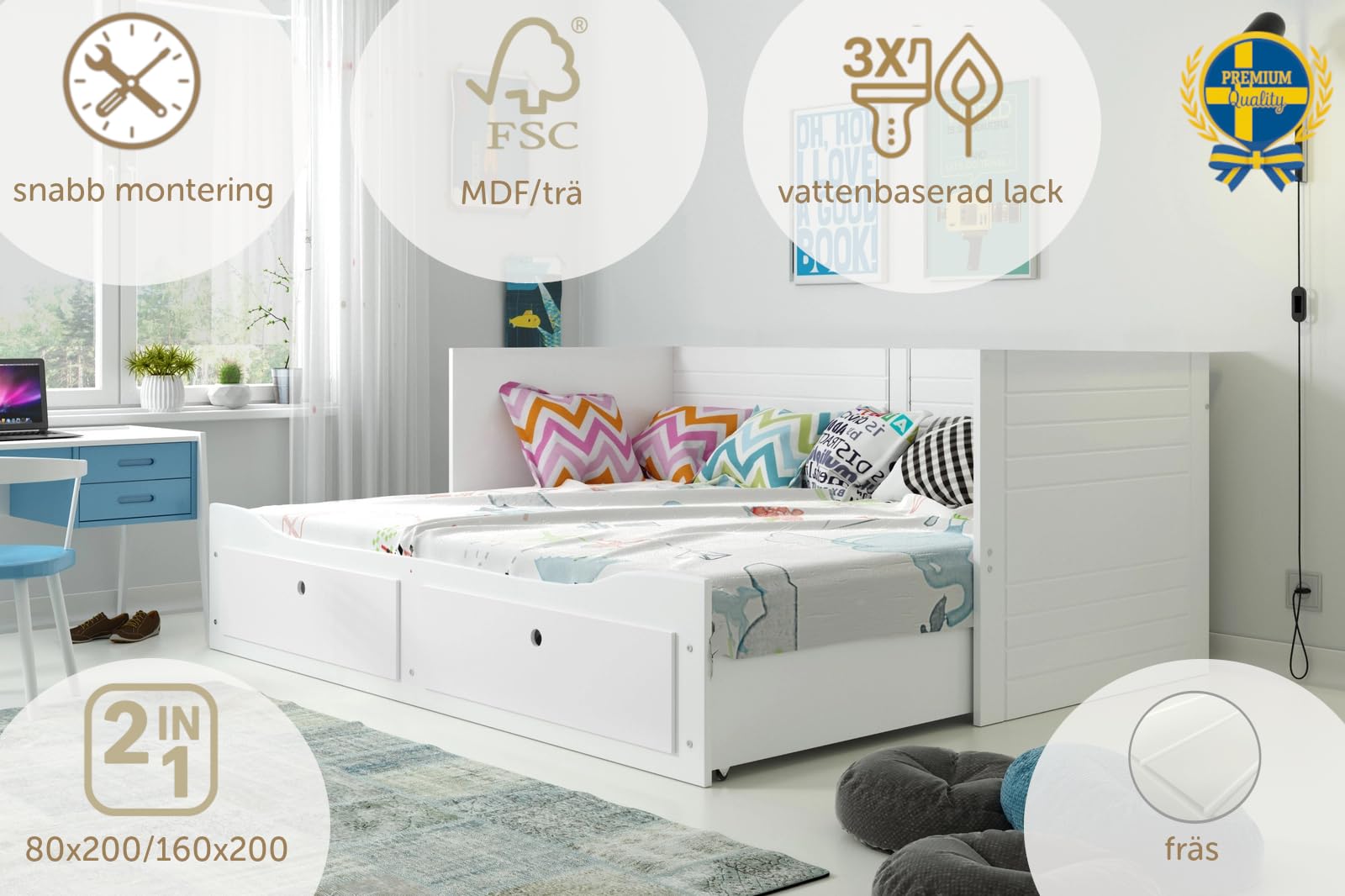 Interbeds Hermes Ausziehbares Bett Kojenbett 80x200 auf 160x200 cm Tagesbett Doppelbett Funktion Schlafsofa mit 2 Schubladen, MDF & Holz, Gästebett Kinder Jugend Erwachsene (weiß)