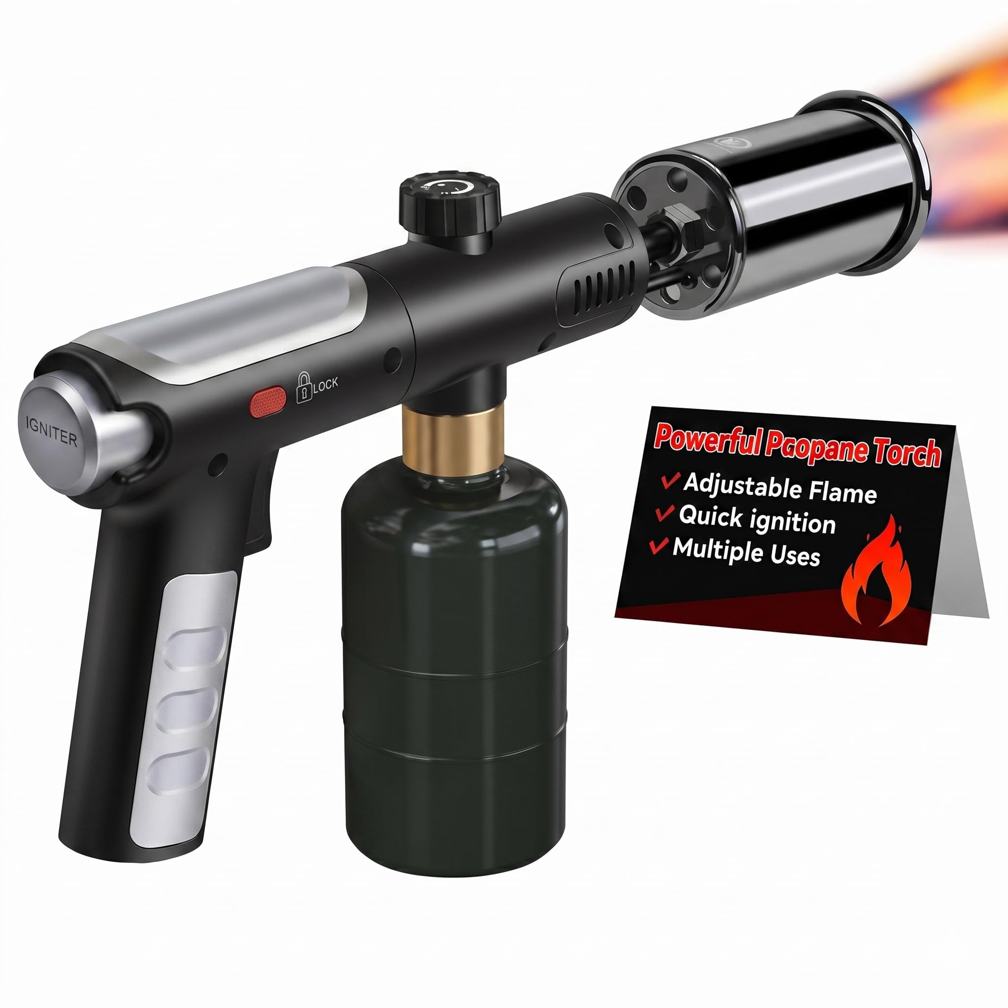 Powerful Propane Torch Gun, One-Touch Max Fire, Charcoal Torch Lighter with Adjustable Flame&Safety Lock, Kitchen Blow Torch for Cooking, BBQ, Searing