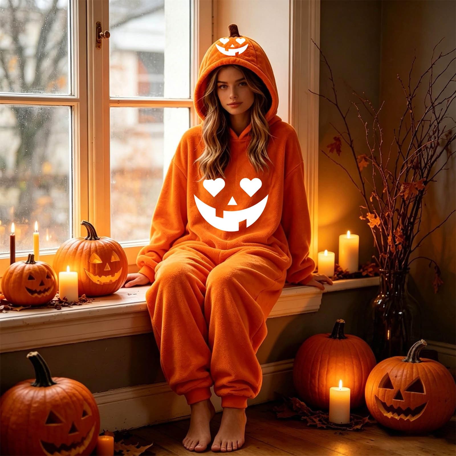 Pigiama Halloween Adulto Tuta Zucca Intera con Cappuccio Cosplay Look Cosplay Originale, Pigiama Halloween Adulto, Tuta Zucca con Cappuccio per Eventi Speciali