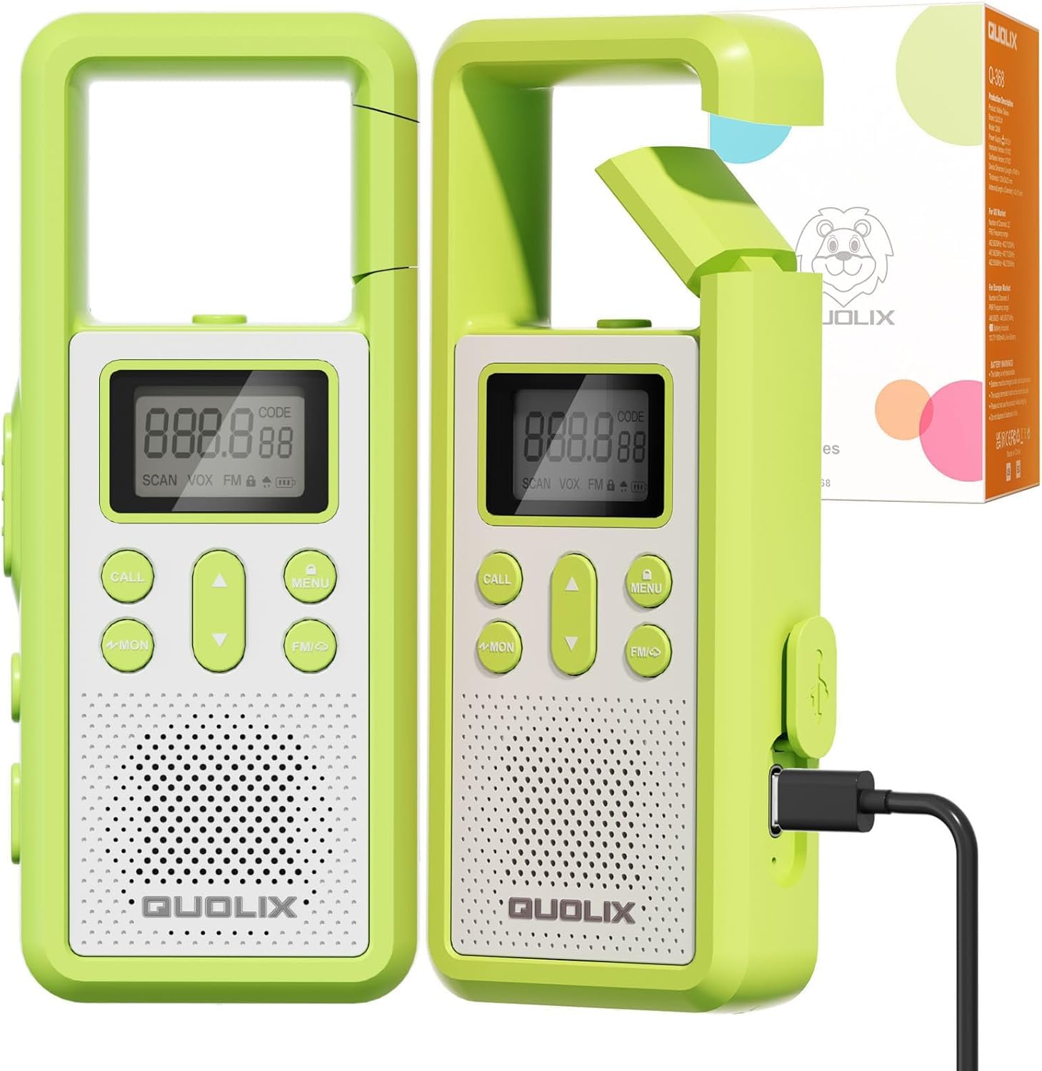 Walkie Talkie Ricaricabile Adulti Professionali, Radioline Walkie Talkie 8 Canali con Batteria agli Ioni di Litio VOX SOS Torcia LED, USB-C 3 Km Portata per Trekking e Lavoro in Team Bambini, Verde*2