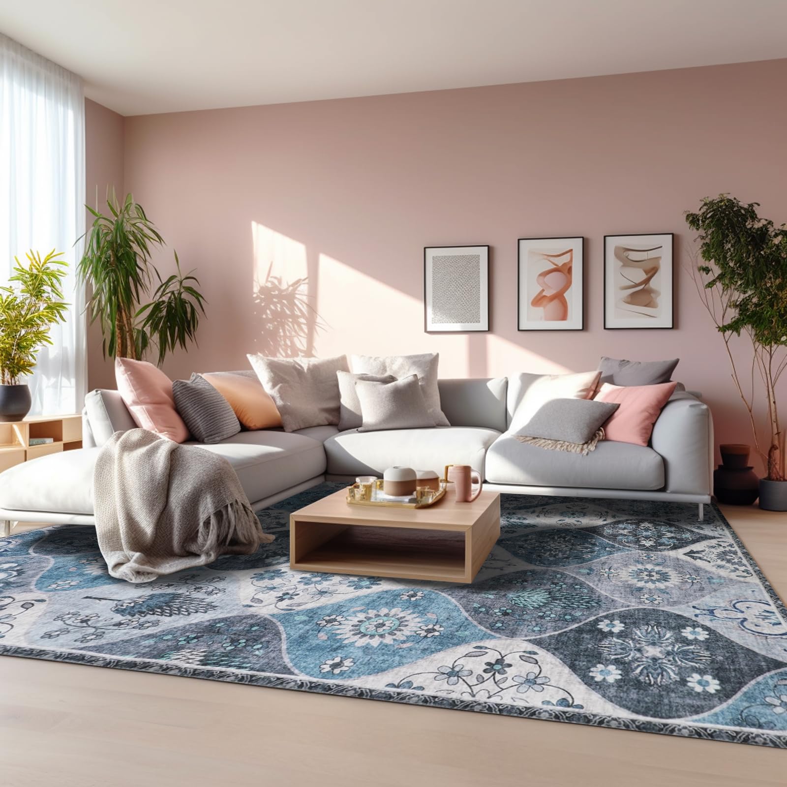 Xfrog Tapis marocain à motif treillis lavable pour salon, chambre d'enfant, chambre à coucher, bureau - Motif floral rétro - Antidérapant - 200 x 300 cm