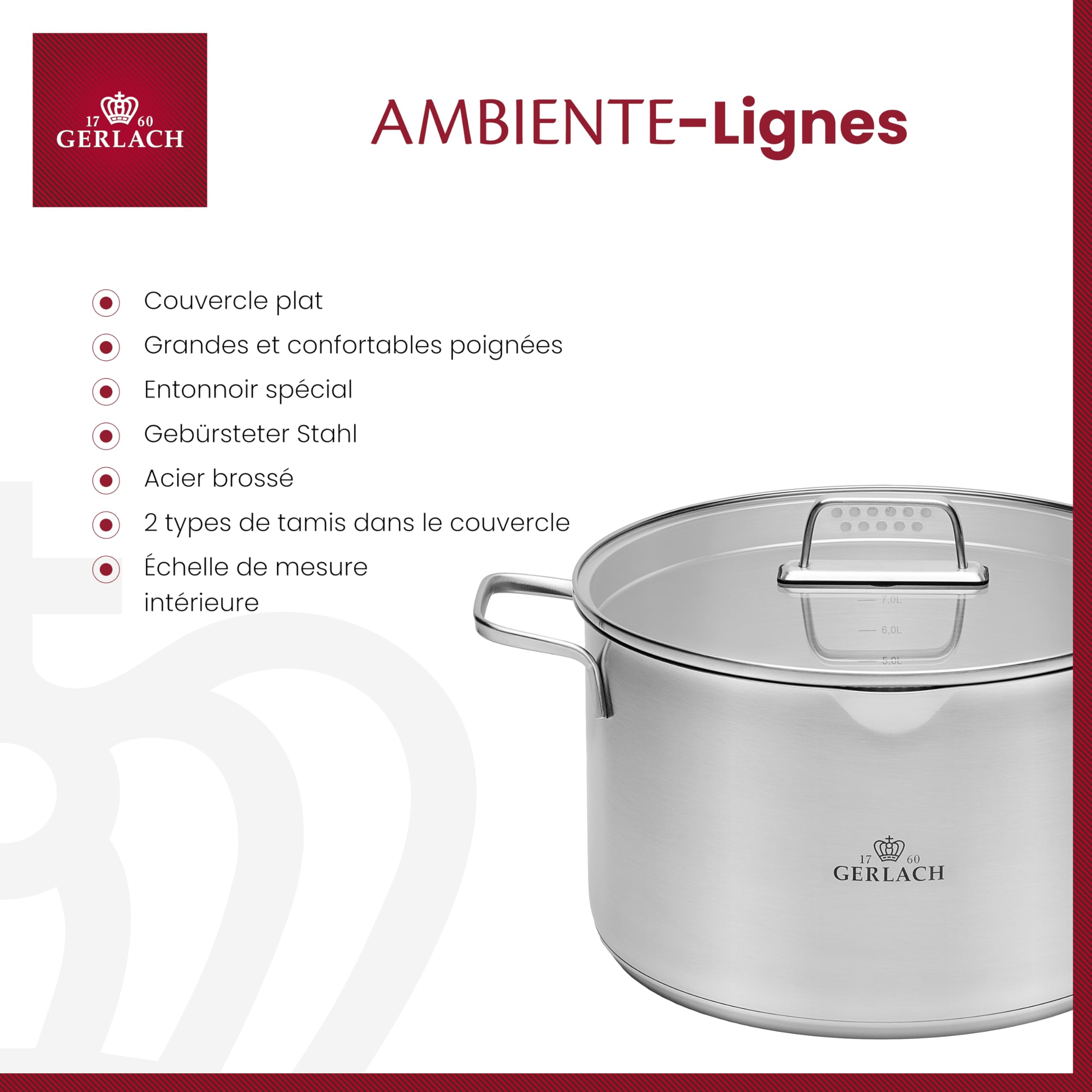 Gerlach 1760 Marmite 10 L Cuisinière électrique à induction à gaz en céramique Passe au four au lave-vaisselle Marmite à viande à induction Ø 28 cm avec couvercle en verre trempé Ambiente