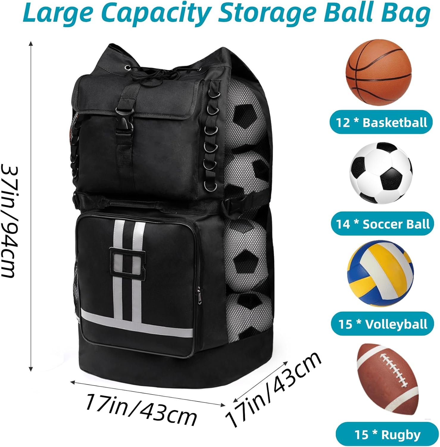 Youeon Soccer Ball Bag with Pockets, Holds 14-16 Balls, Extra Large Sports Equipment Ball Bag with Adjustable Shoulder Straps, Heavy Duty Basketball Football Storage Bag for Coach, Players, Trainers - Image 2