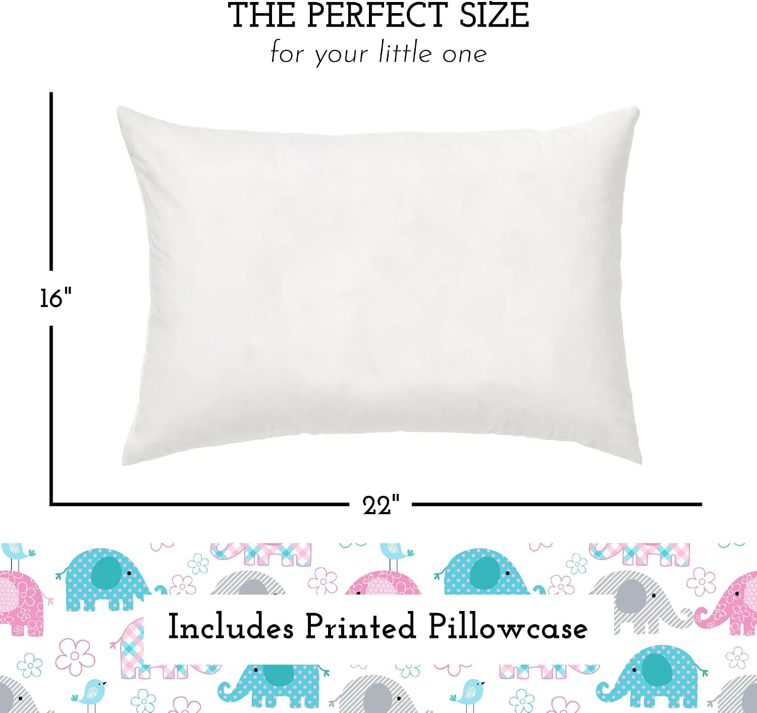 Youth Pillow 16x22 with Hypoallergenic Cotton Pillow case - High Quality Youth Pillows for Sleeping Age 5-10 - Snugly Designed Youth Neck Pillows for Travel, School and Bedtime - (Elephants Pastel)