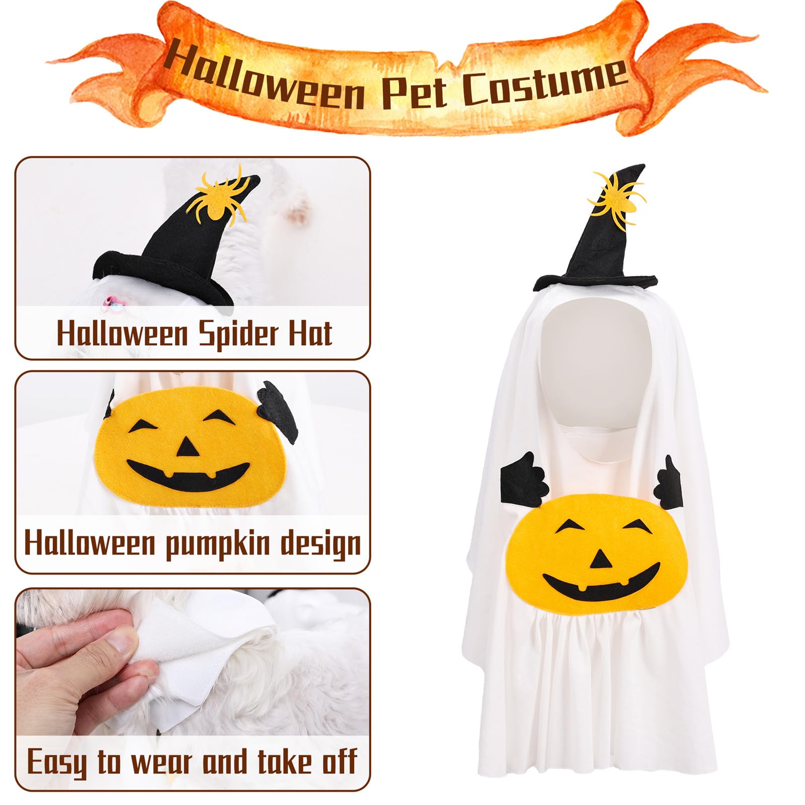 MeiAOBest Pet Halloween Costume,2 in 1 Cat Dog Ghost Dress Up Hooded Cape,Witch Hat Pumpkin White Cloak Cosplay Party Clothes_M - Image 3