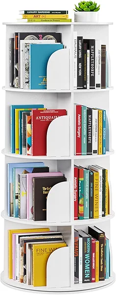SpaceAid 4 Tier Rotating Bookshelf Tower, Spinning Bookcase Lazy Susan, Revolving 360 Book Shelf Storage Round Carousel, Vertical Rotate Turning Spiral Corner Organizer, White