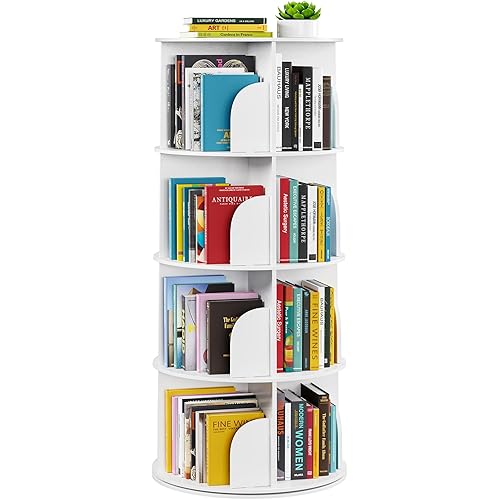 SpaceAid 4 Tier Rotating Bookshelf Tower, Spinning Bookcase Lazy Susan, Revolving 360 Book Shelf Storage Round Carousel, Vertical Rotate Turning Spiral Corner Organizer, White