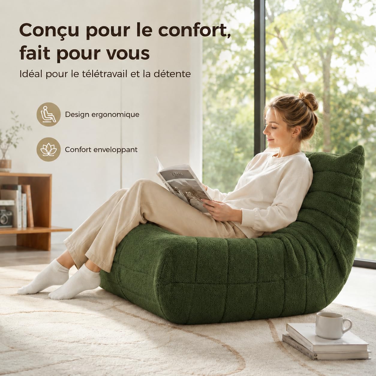 Pouf de sol, canapé Togo au design ergonomique, canapé relax avec revêtement en fausse fourrure et mémoire super moelleuse, pour chambre à coucher, salon (vert)