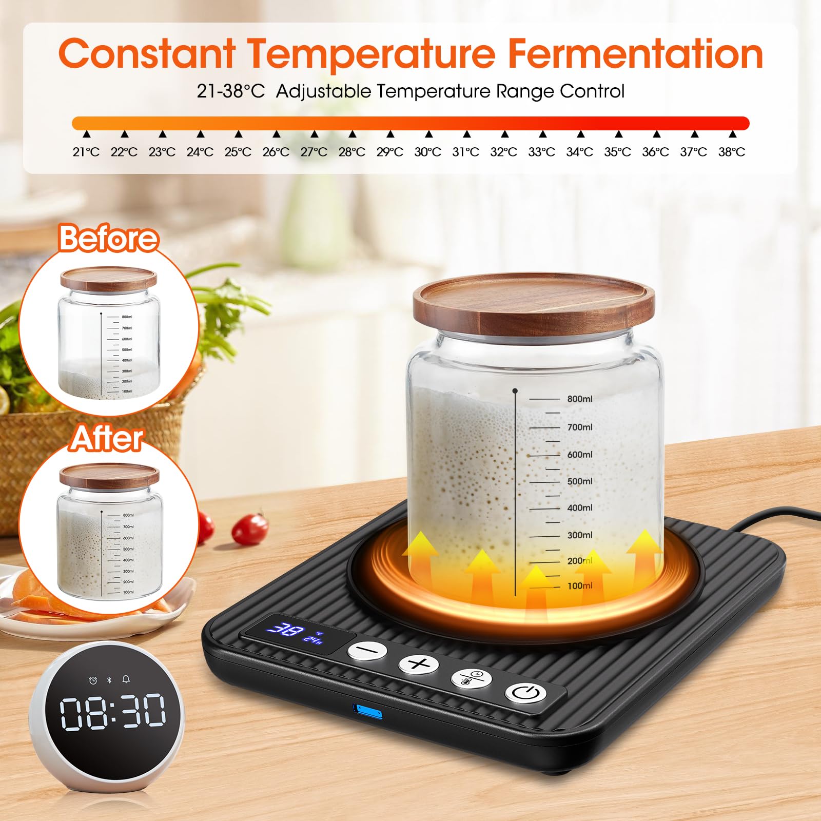 MQFORU Chauffe-levain - Contrôle précis du thermostat de 1 °C (21 à 38 °C) - Tapis chauffant au levain - Chauffe-eau pour démarrage au levain - Minuterie 0 à 24 h - Marche/arrêt automatique - Fonction
