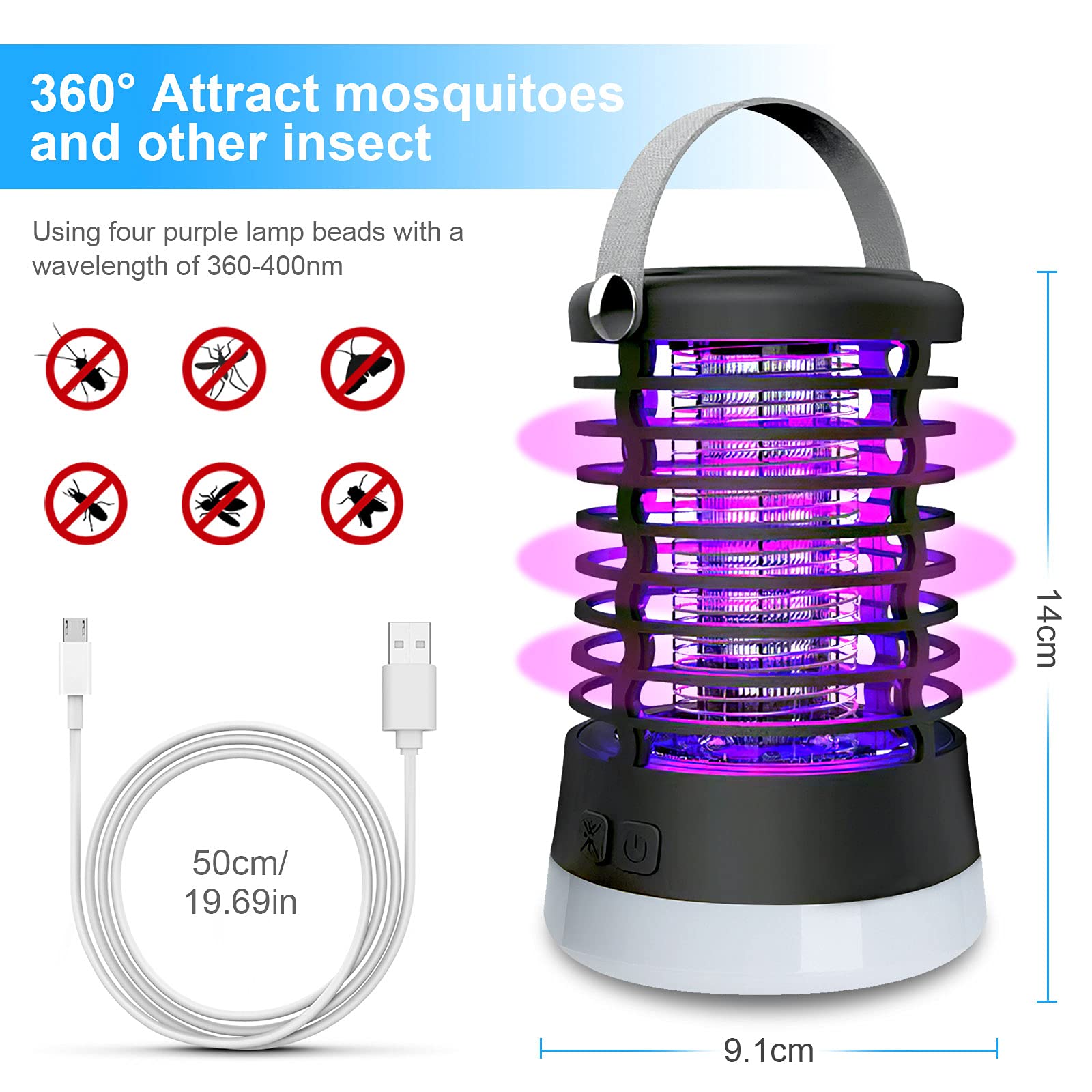 Insektenvernichter Elektrischer USB mit Wasserdicht IP66 - Kompakte Akku Mückenlampe für Camping, 3 Lichtmodi + 50h Laufzeit, Leicht & Tragbar für Outdoor, Zelt und Garten,Schwarz
