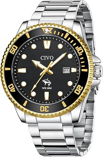 CIVO Silver Analog Watches for Men: Luminous Stainless Steel Watch with Date - W