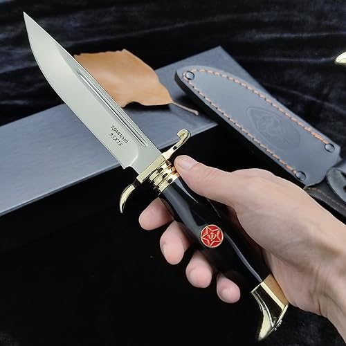 Miniatura 9 de HUAAO Cuchillo Bowie con funda, cuchillo de supervivencia de hoja fija de espiga completa con mango acrílico para caza, pesca y campamento (negro)