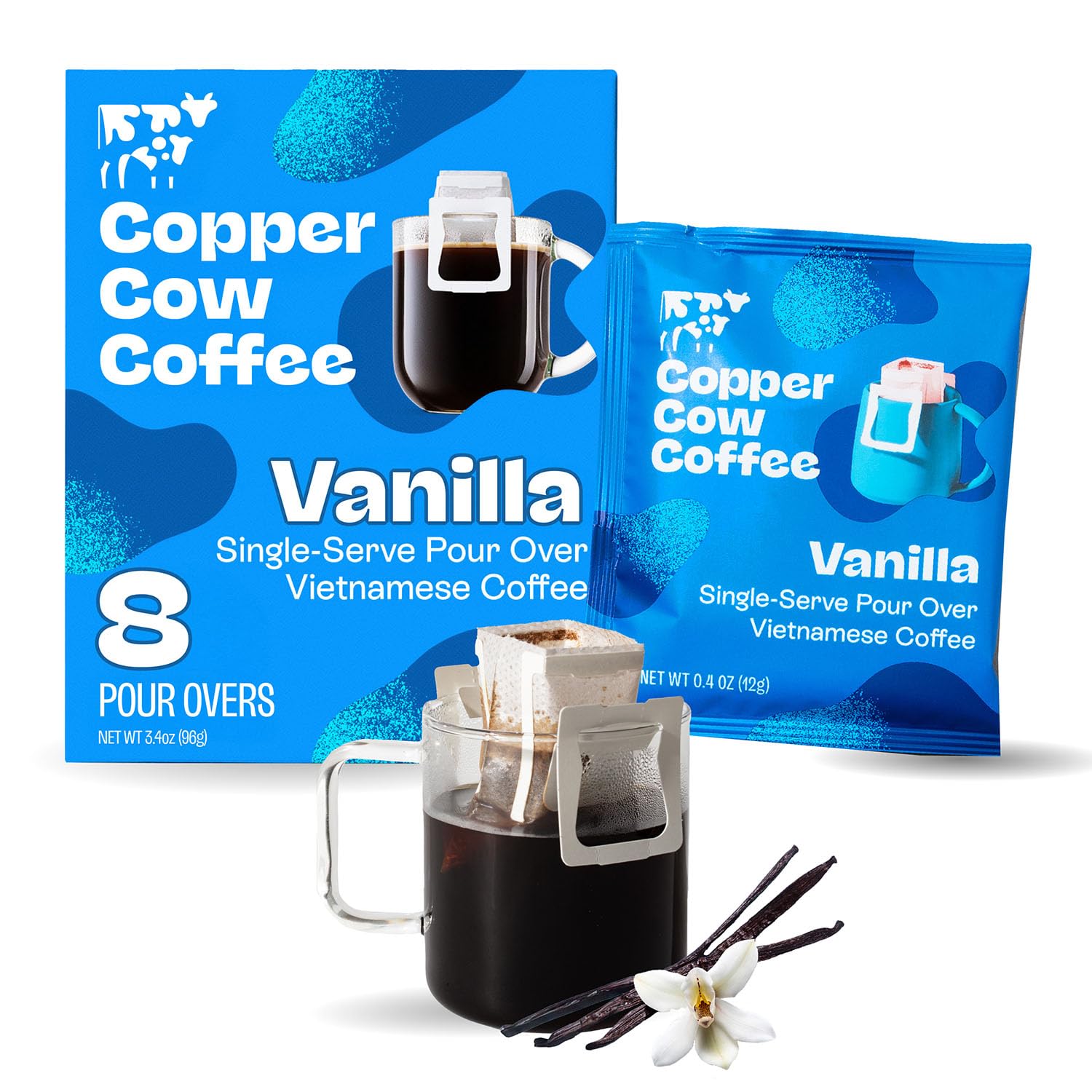 Copper Cow Coffee Premium Pour Over Single-Serve Vietnamese Coffee Pouches (8 pack) | Vanilla | Dark Roast | Flavored with Vanilla Beans | Convenient Vietnamese Ground Coffee Packets, Travel Friendly