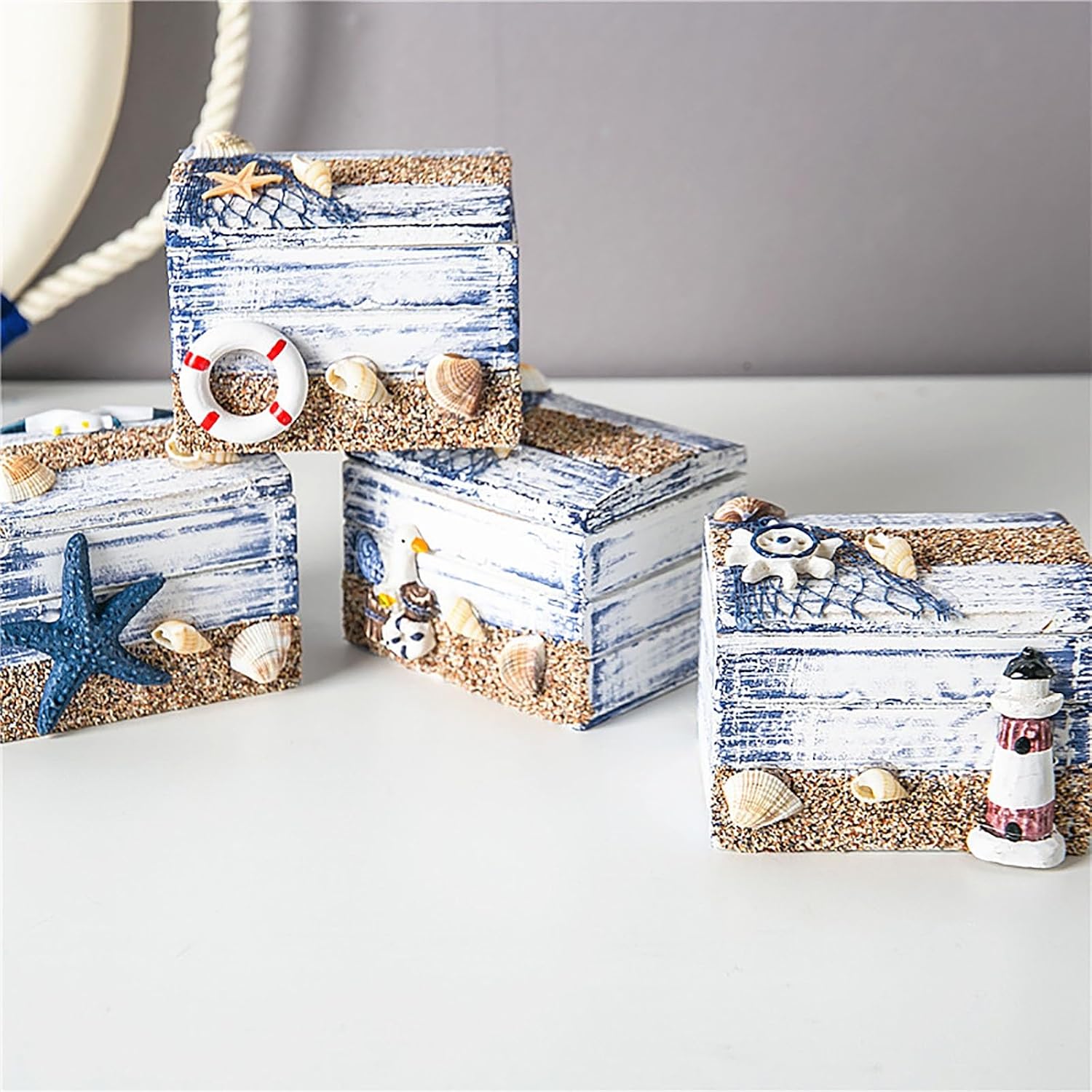 Coastal Wooden Trinket Box, Handcrafted Nautical Trinket With Anchor And Starfish, Cute Wood Box With Starfish And Shells Decor, Jewelry Storage Organizer(A)
