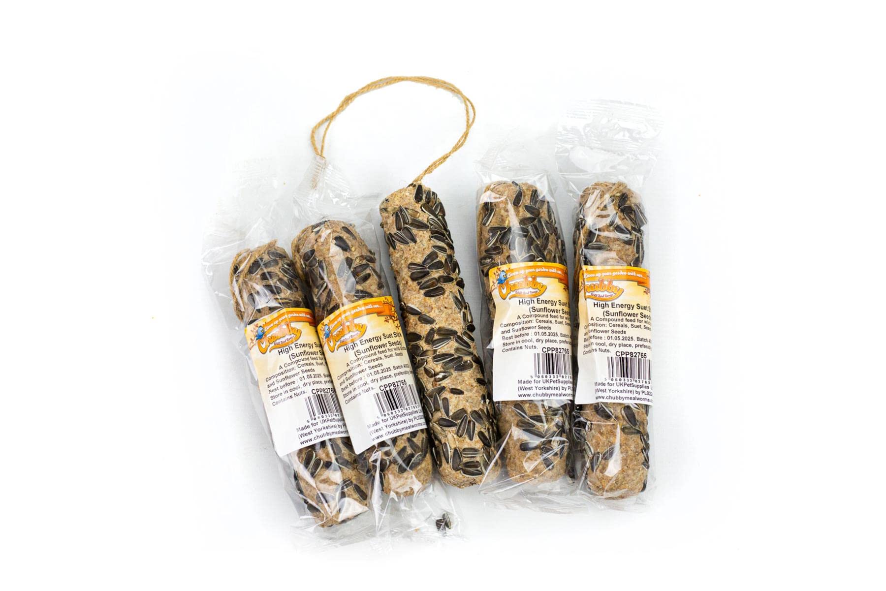 Chubby Medium Sunflower Hearts Suet Sticks (Pack of 5) High Energy Wild Bird Food, 100% Natural Jute String, Hangable seed stick for Budgies, Parrots, Finches & More