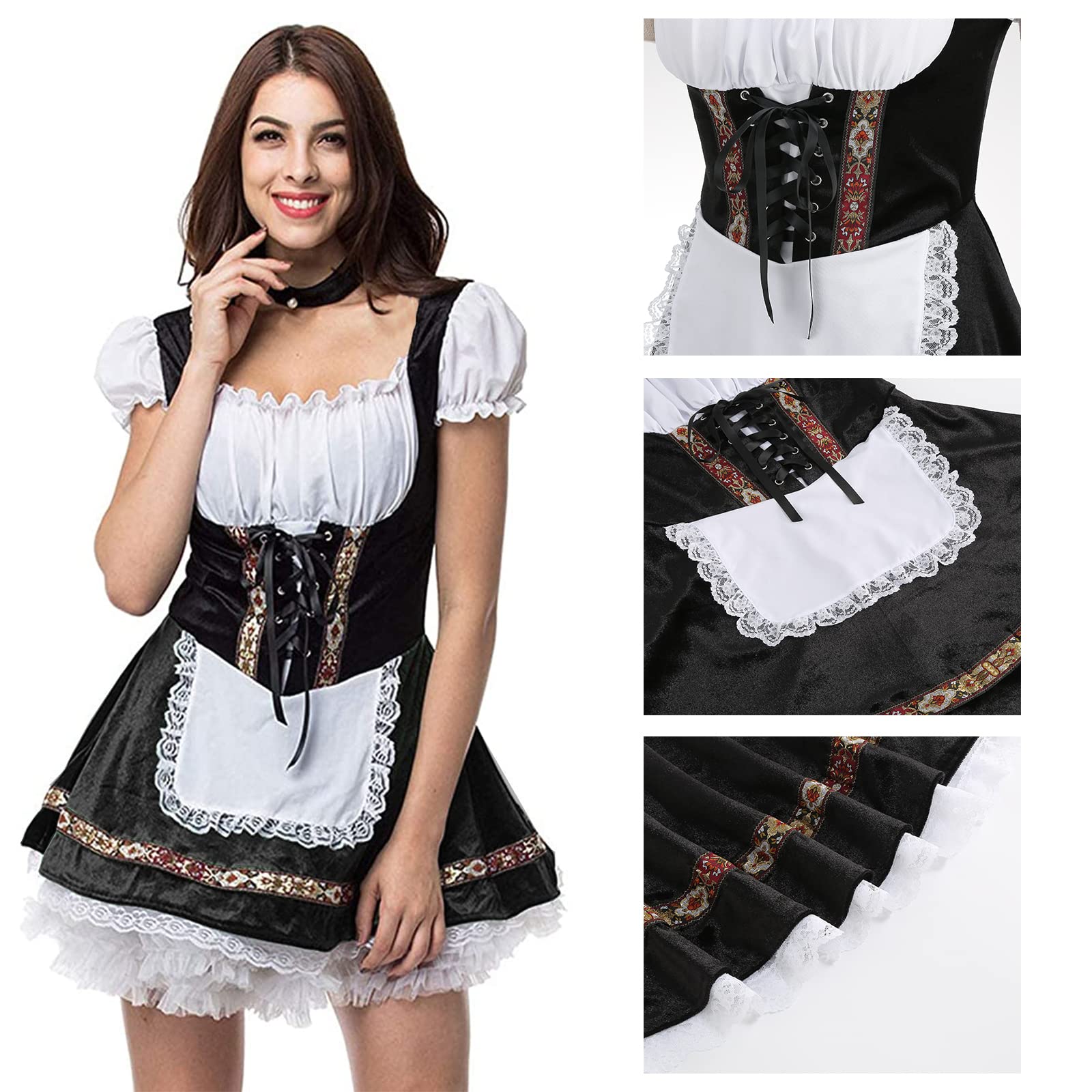 maxToonrain Oktoberfest Outfit Women Red,Women's German Beer Bavarnian Traditional Short Sleeve Velvet Halloween Costume Fancy Maid Dress for Womens(Black M) - Image 4