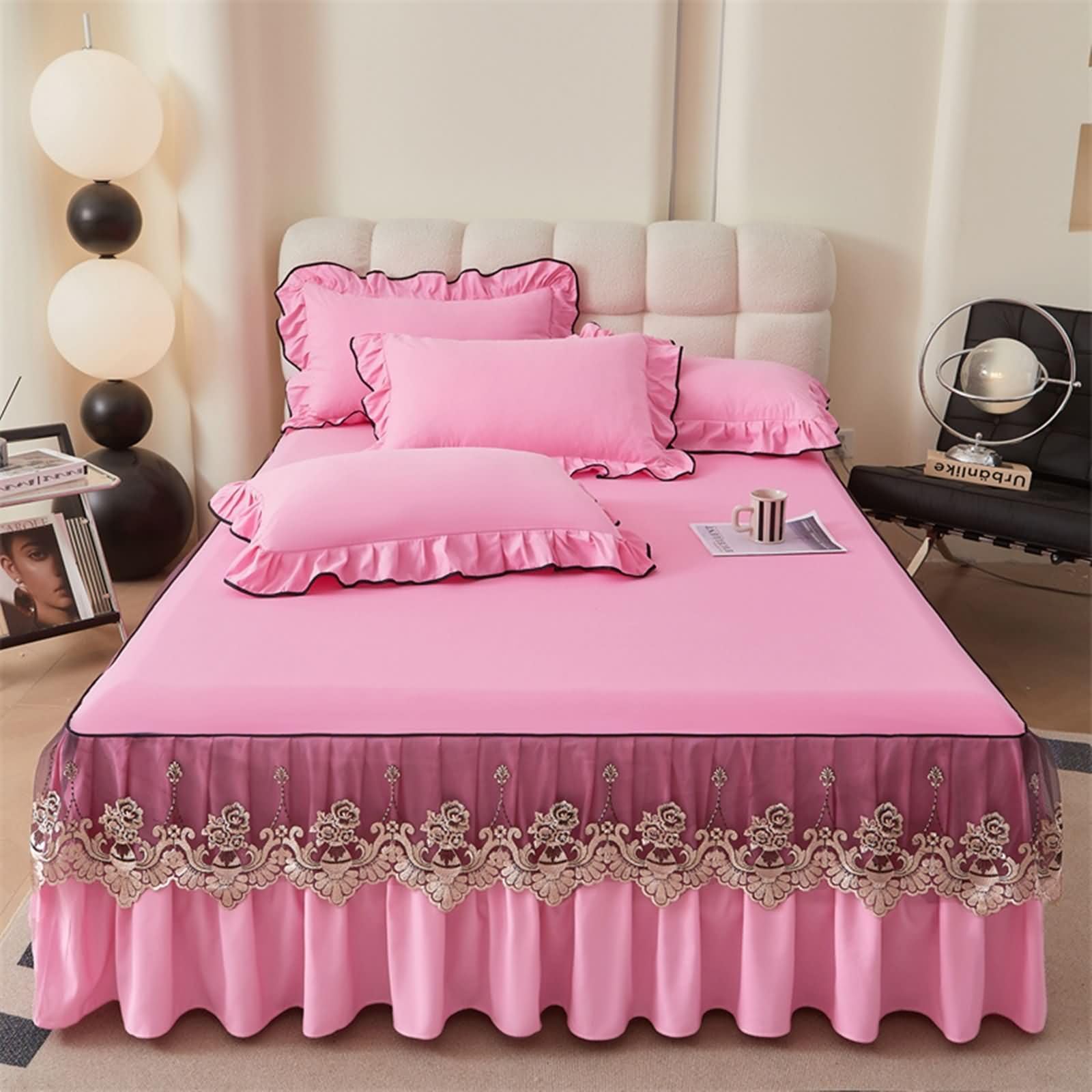 Drap-housse 180 x 220 brodé en dentelle rose pour literie chic
