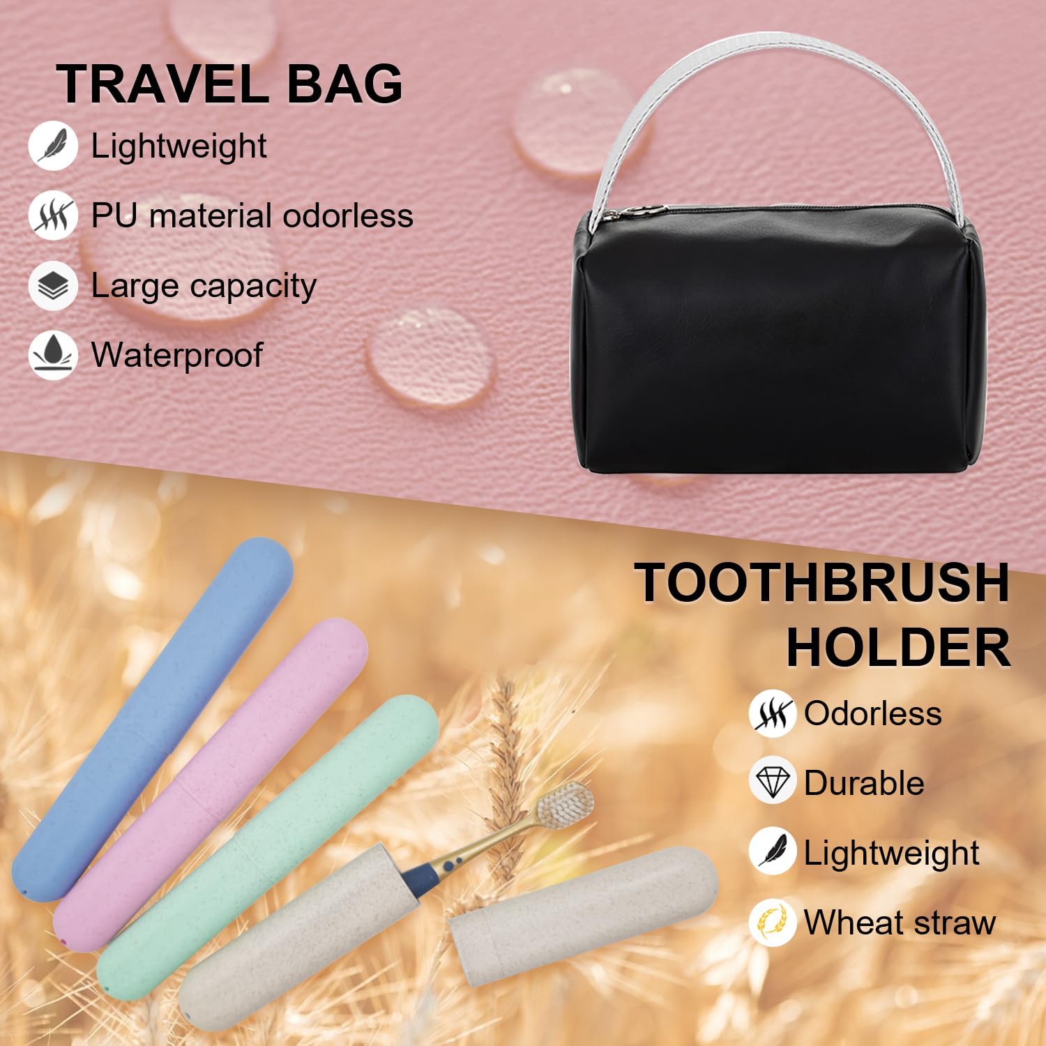 4 Pack Portable Toothbrush Cases, Breathable Plastic Holders and Leather Travel Toiletry Bags, Organizers for Home, Business, Camping（black）