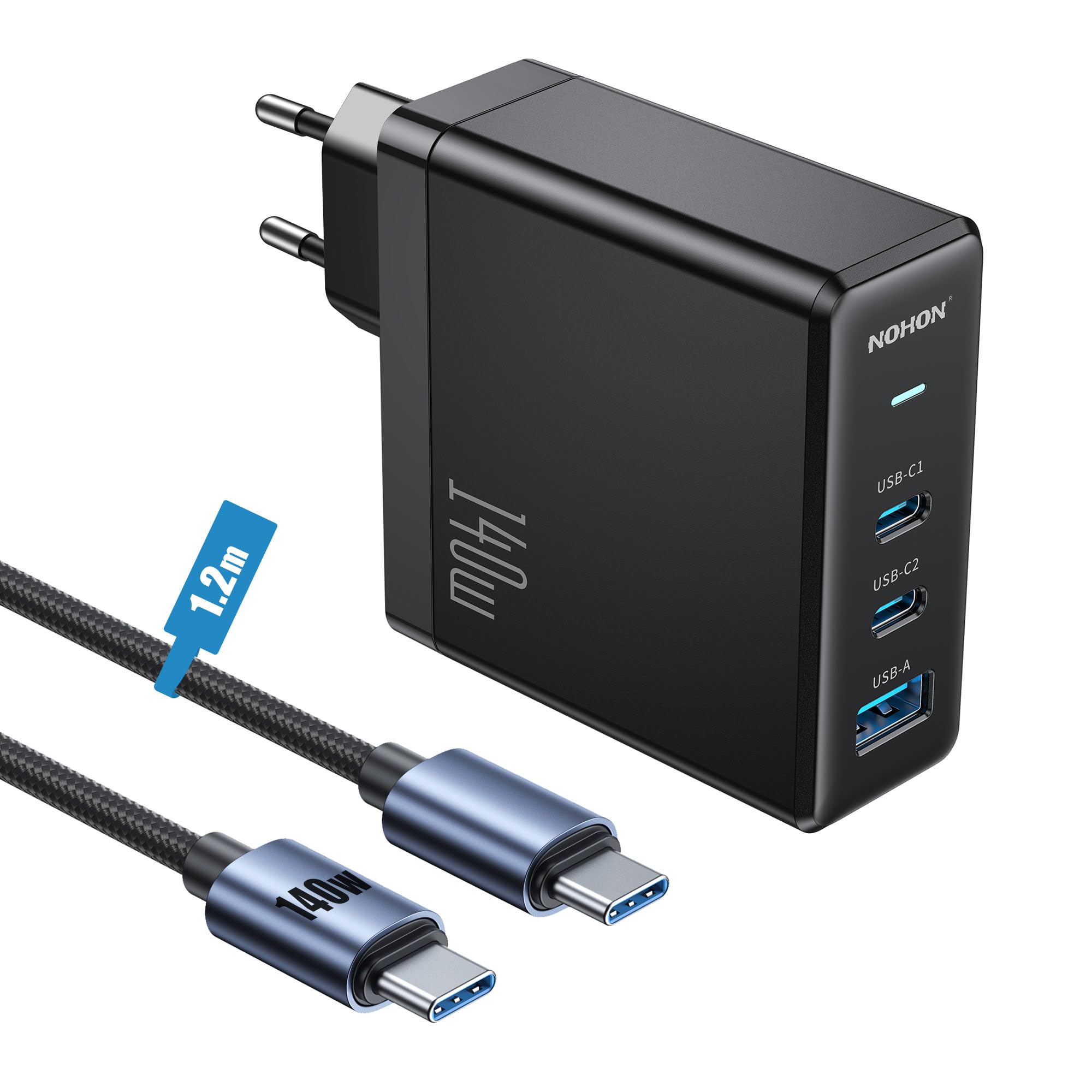 NOHON 65W GaN Caricatore USB-C: 3 Porte Tecnologia PD 3.0 con PPS | Include Cavo di Ricarica Rapida USB-C da 140W | Compatibile con iPhone 12 13 14 15 16 17 Macbook iPad Samsung Galaxy 23