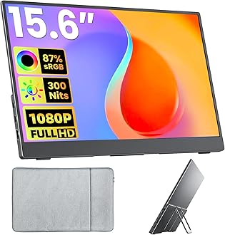 Portable Monitor 15.6" FHD 87% sRGB 60Hz IPS HDR HDMI USB-C Travel Monitor for Laptop MacBook PC Surface PS5 Xbox, External Display with Kickstand & Speakers, VESA Compatible