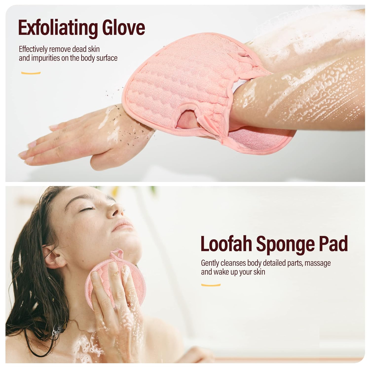 2 Pack 36.5 Inch Back Scrubber Set for Women and Men, Includes 2PCS Length Loofah Back Scrubber, 2 PCS Sponge Pad and 1PCS Exfoliating Glove for Shower (Beige & Pink) : Beauty & Personal Care