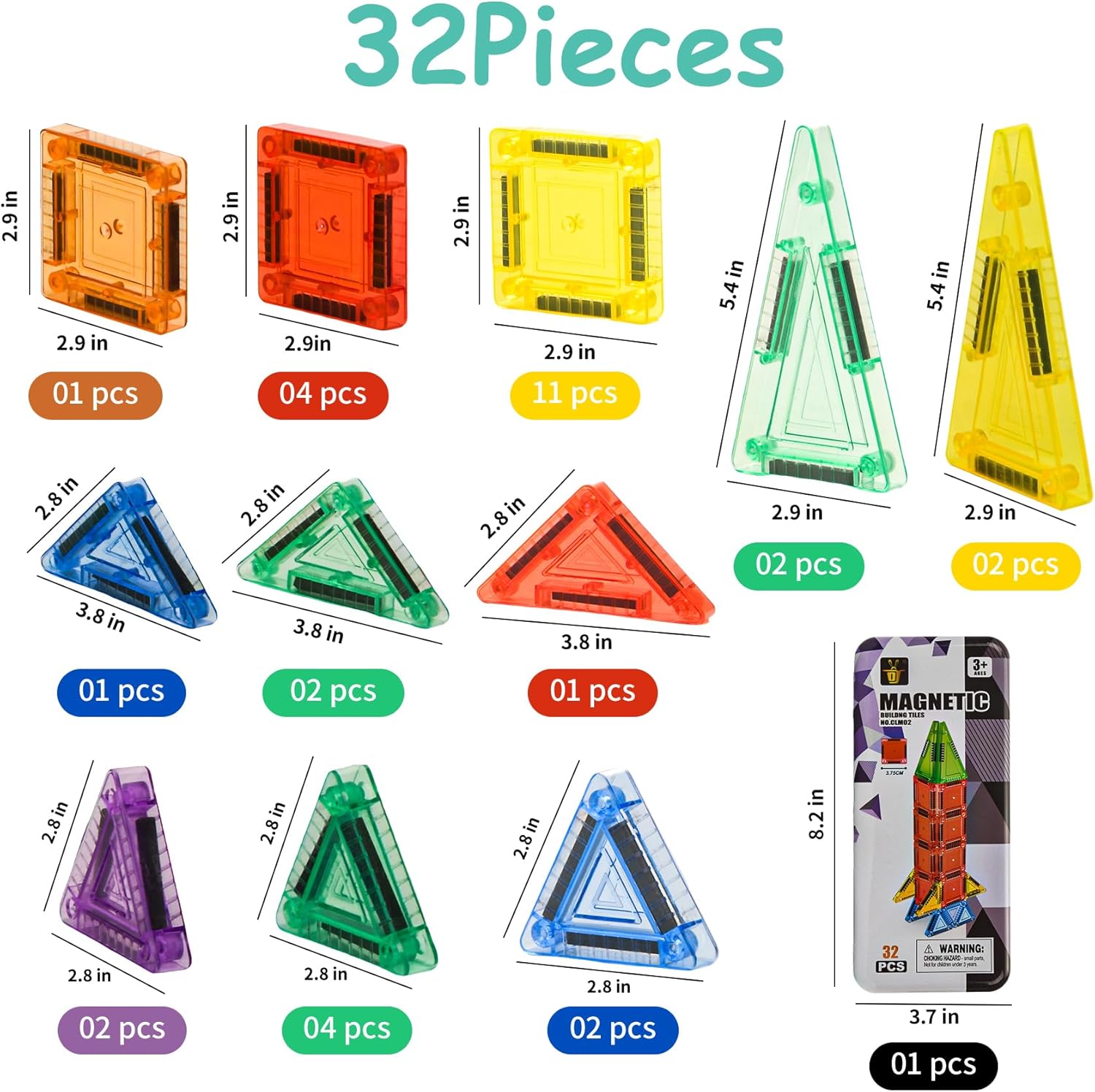 32PCS Mini Magnetic Tiles, Portable Magnetic Toys Travel Set, Construction STEM Learning and Playing Toys for Kids, Montessori Toy for Preschool，3+ Year Old Boys Girls Easter Birthday Gifts