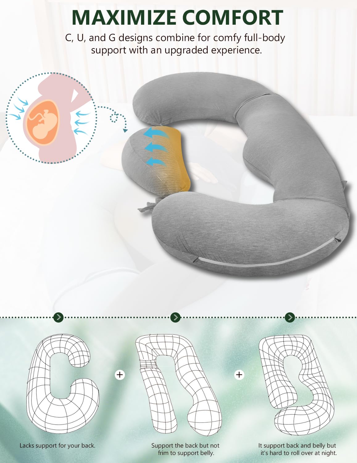 Meiz Cuscini per gravidanza, rinfrescanti per dormire, a forma di C, per adulti, fodera in rayon di bambù, grigio