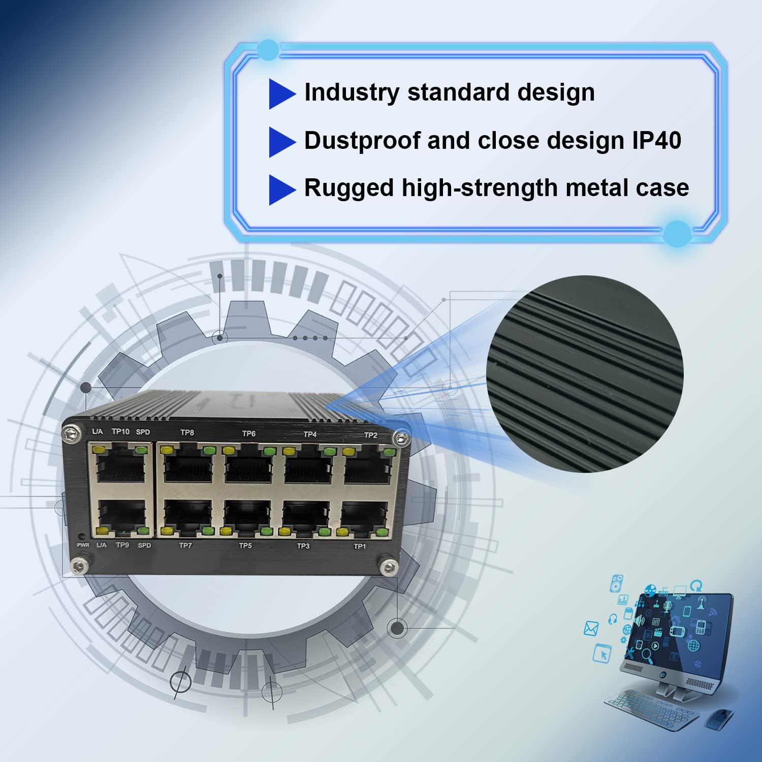Commutatore industriale indurito 10/100/1000BASE-T RJ45 di Gigabit di Ethernet del compatto 10-Port con la funzione auto-MDI/MDI-X 10/100Mbps Half/Full Duplex e 1000Mbps Full Duplex 12~48VDC Ingresso