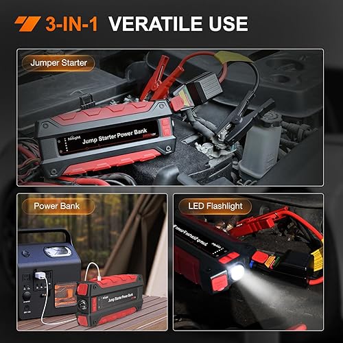 Miniatura 5 de Nilight Arrancador de batería de coche de 2000 A para motores de gasolina de hasta 8.0 L y 7.0 L diésel de 12 V, caja de salto portátil con cables