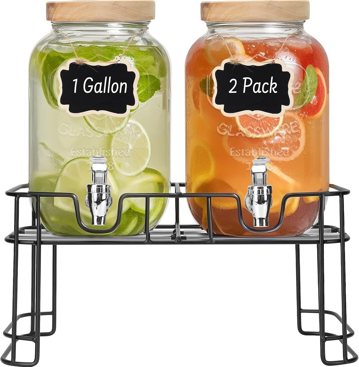 DHSBTLS 1 Gallon Glass Drink Dispensers 2 Pack with Wood Lids, Spigots, Black Stand, Chalk Markers for Parties, BBQs & Picnics