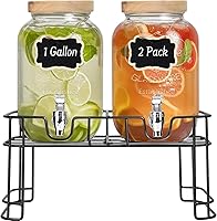 DHSBTLS 1 Gallon Glass Drink Dispensers 2 Pack with Wood Lids, Spigots, Black Stand, Chalk Markers for Parties, BBQs & Picnics