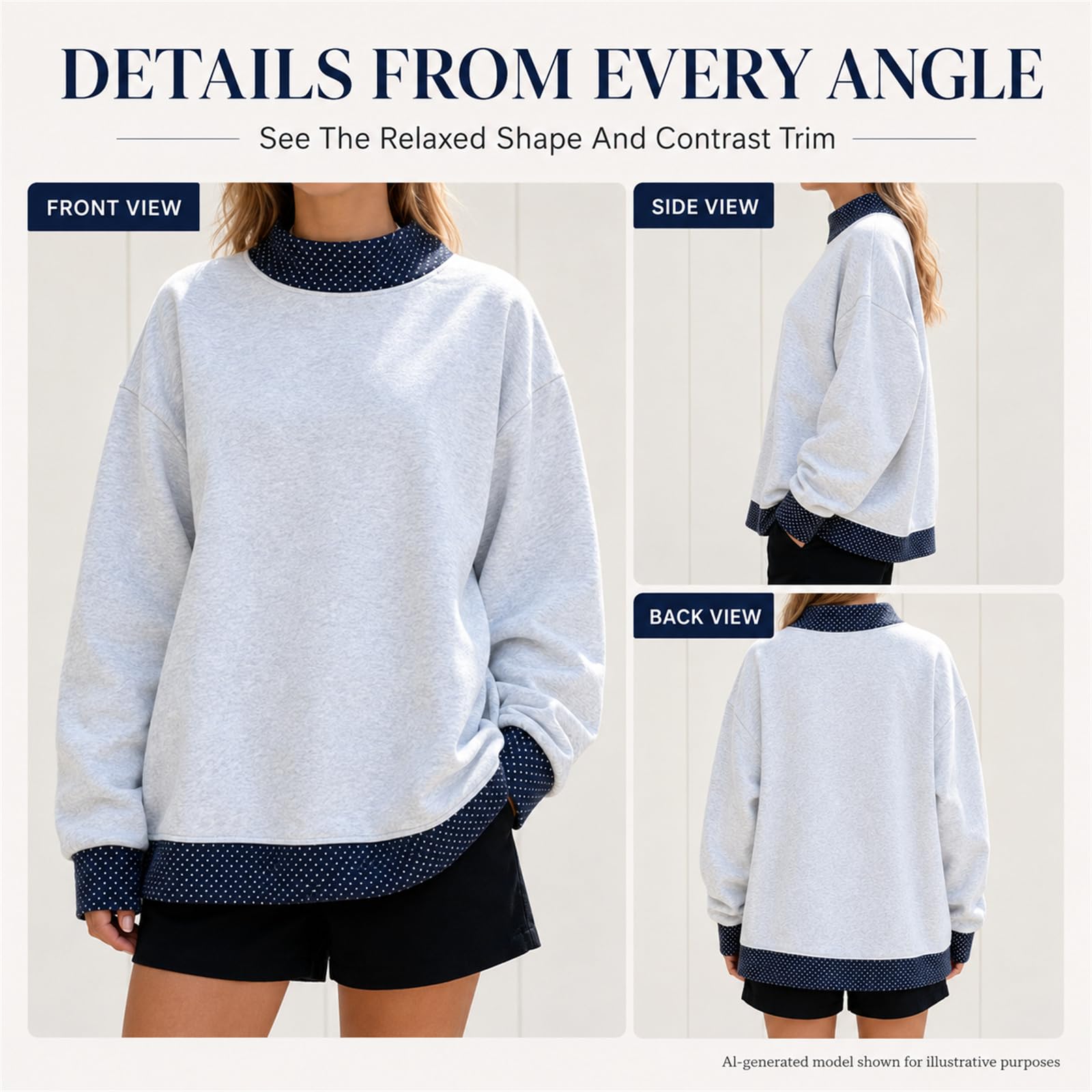 Sudadera de lunares de gran tamaño para mujer, suéter con borde de contraste