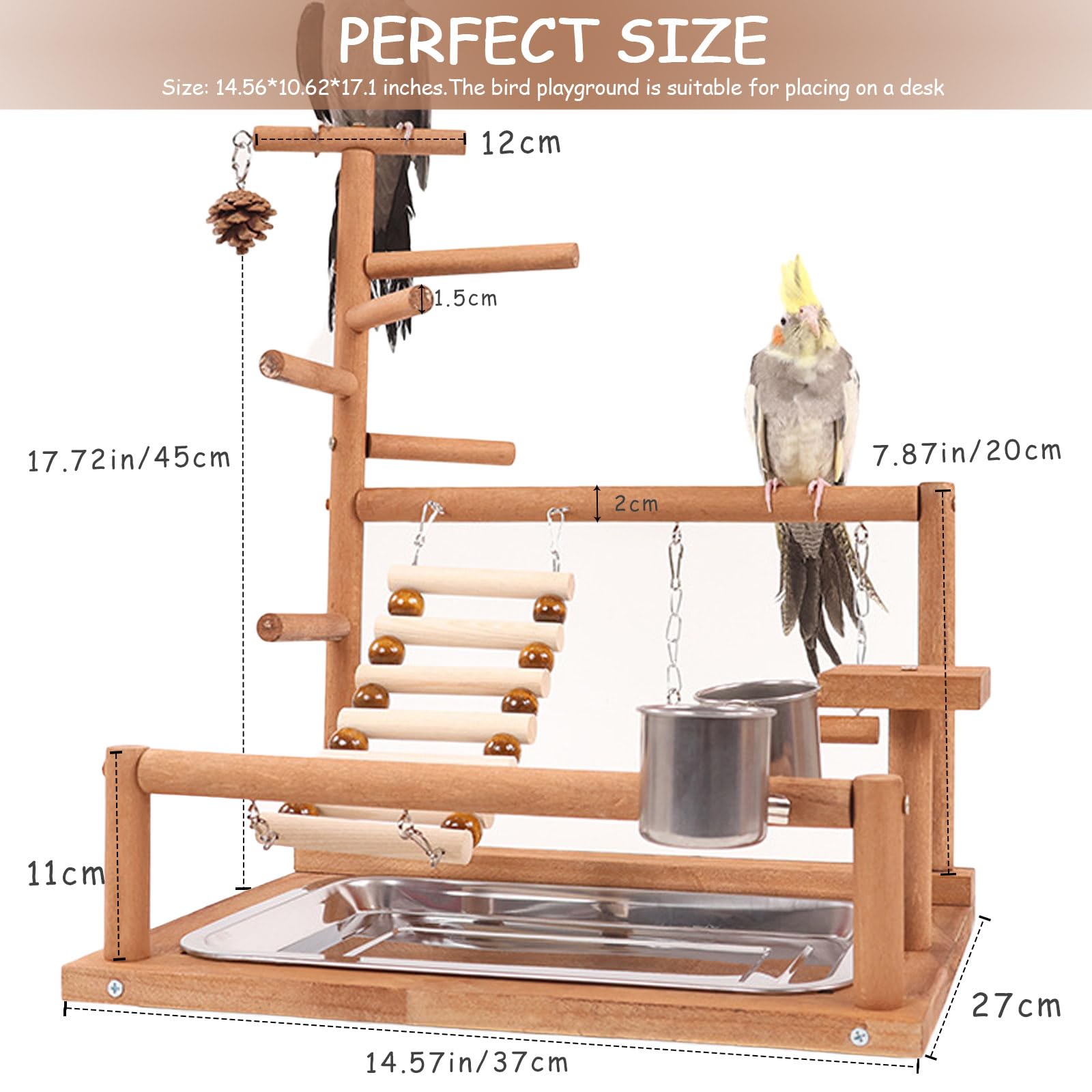 Aves Juego Stand - Bird Playground Puesto de Madera para Loros Aves Stand con Percha Escalera Columpio Comedero Bandeja y Juguetes de Gimnasio de Ejercicios para Pájaros Pequeños y Medianos