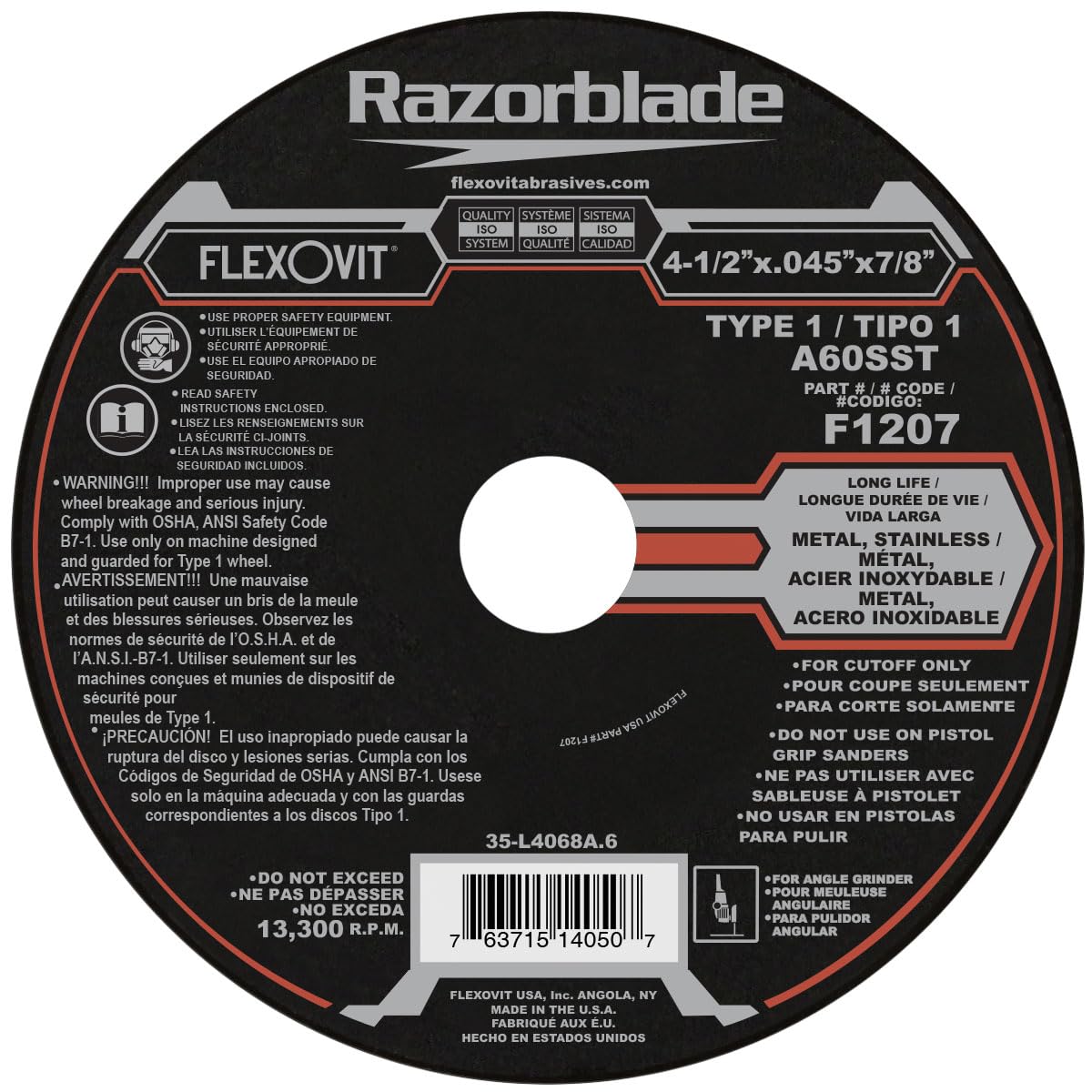 Flexovit® 4-1/2" X .045" X 7/8" RAZORBLADE® 60 Grit Aluminum Oxide Grain Reinforced Type 1 Thin Cut-Off Wheel (F1207 Pack of 25)